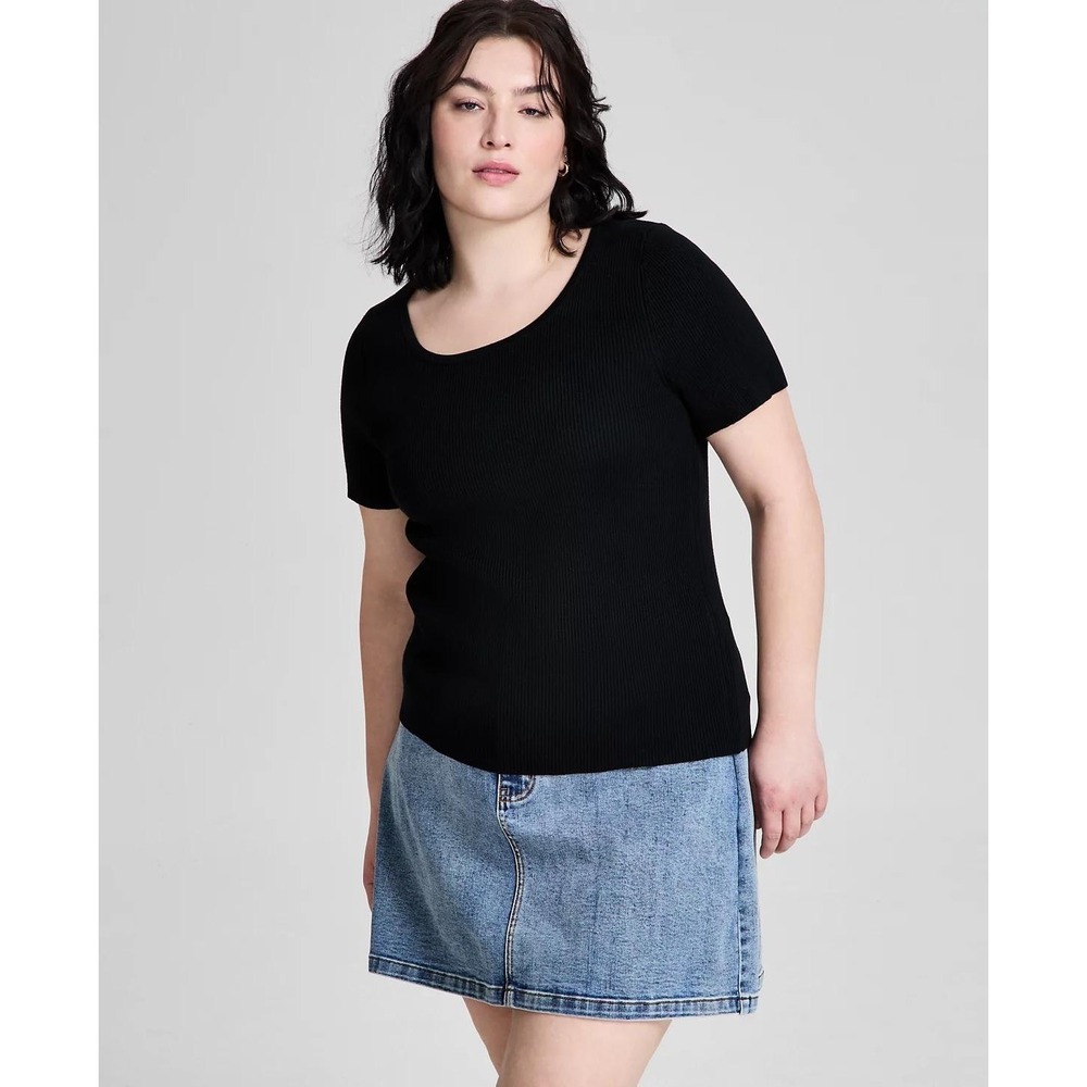 And Now This Short Sleeve Sweater Top Black Ribbed Knit Scoop Neck 1X Office NWT